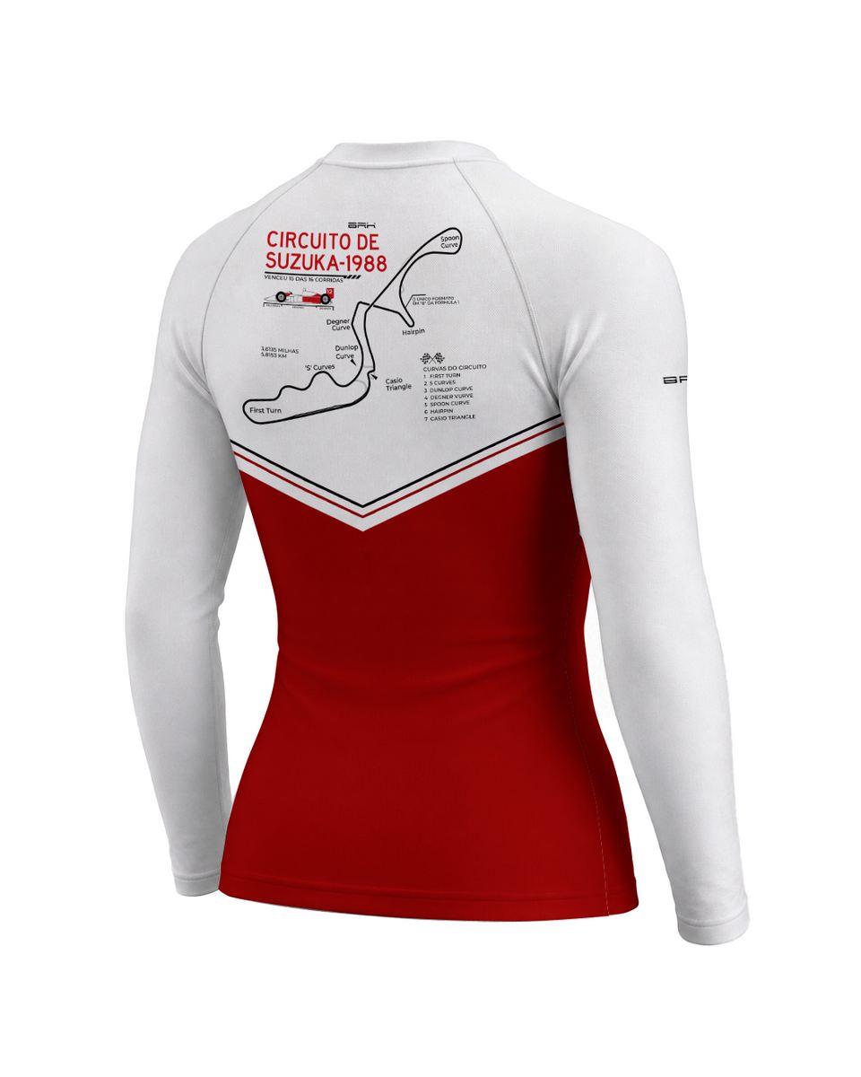 Camisa Segunda Pele Feminina Brk Fórmula 1 Circuito de Suzuka 1988 Mclaren Branco e Vermelho com UV50+