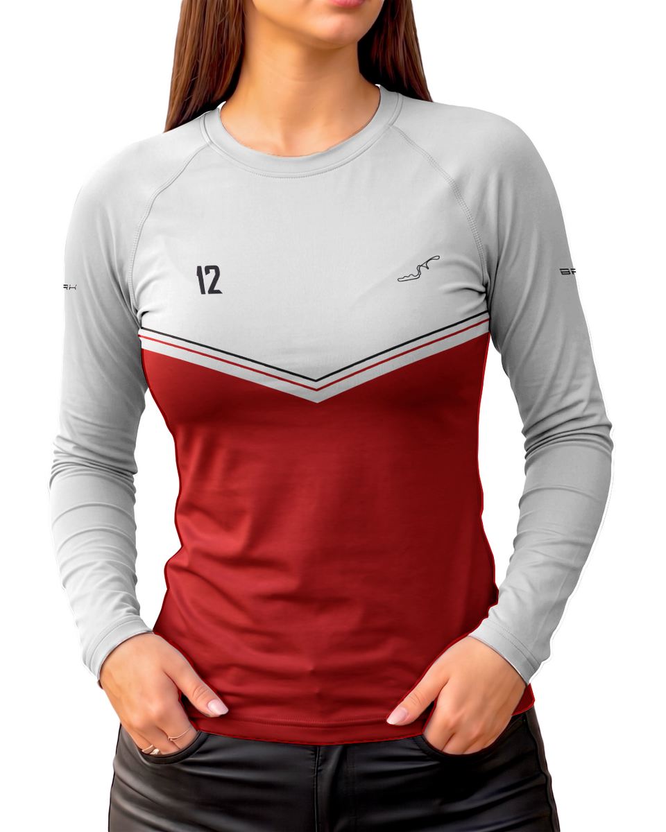 Camisa Segunda Pele Feminina Brk Fórmula 1 Circuito de Suzuka 1988 Mclaren Branco e Vermelho com UV50+