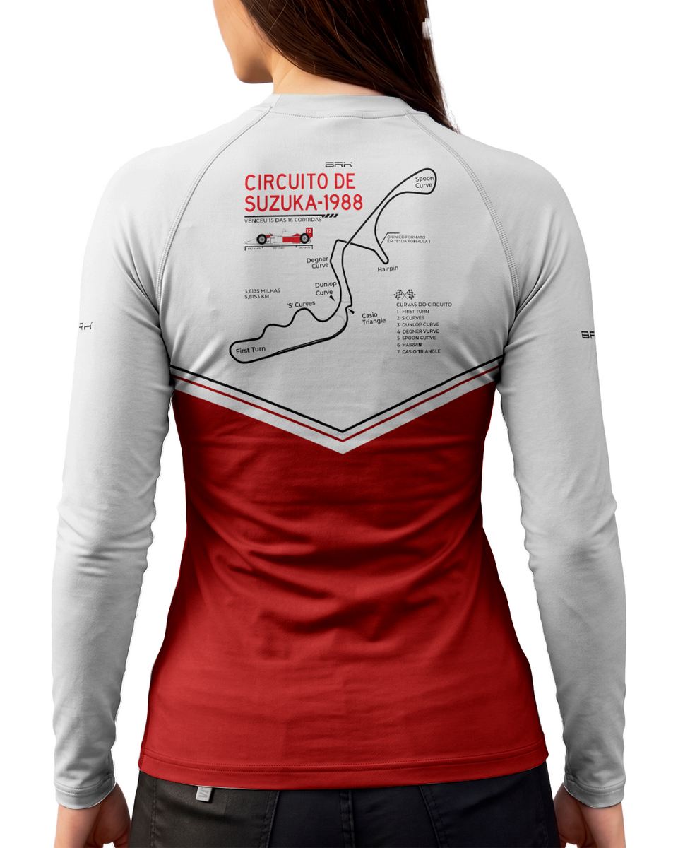 Camisa Segunda Pele Feminina Brk Fórmula 1 Circuito de Suzuka 1988 Mclaren Branco e Vermelho com UV50+