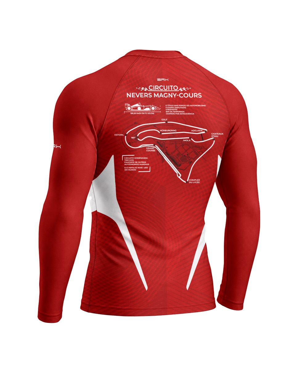 Camisa Segunda Pele Brk Fórmula 1 Circuito Nevers Magny Cours F2002 Vermelho e Branco com UV50+