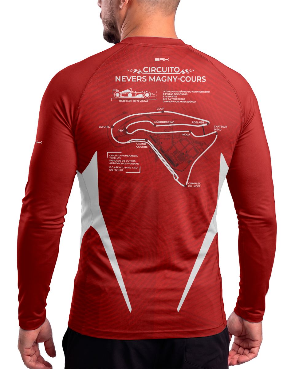 Camisa Segunda Pele Brk Fórmula 1 Circuito Nevers Magny Cours F2002 Vermelho e Branco com UV50+