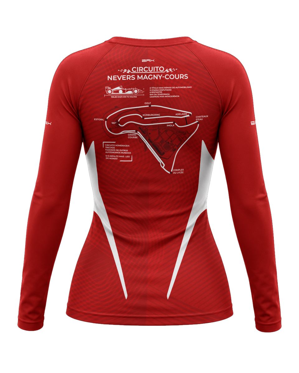Camisa Segunda Pele Feminina Brk Fórmula 1 Circuito Nevers Magny Cours F2002 Vermelho e Branco com UV50+