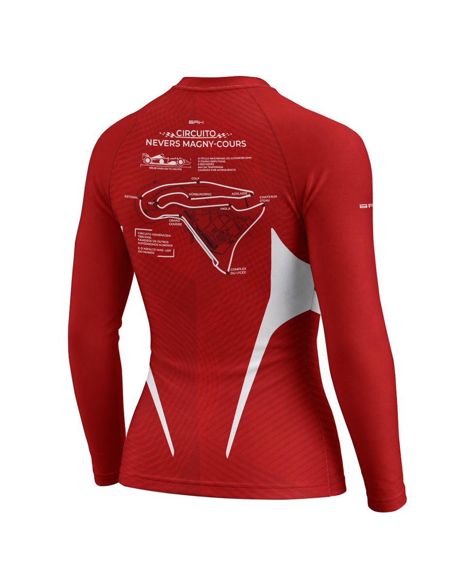 Camisa Segunda Pele Feminina Brk Fórmula 1 Circuito Nevers Magny Cours F2002 Vermelho e Branco com UV50+