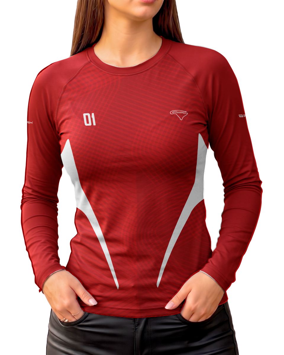 Camisa Segunda Pele Feminina Brk Fórmula 1 Circuito Nevers Magny Cours F2002 Vermelho e Branco com UV50+
