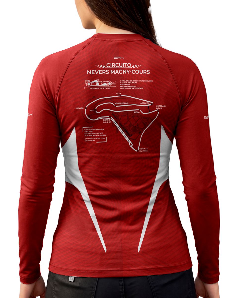 Camisa Segunda Pele Feminina Brk Fórmula 1 Circuito Nevers Magny Cours F2002 Vermelho e Branco com UV50+