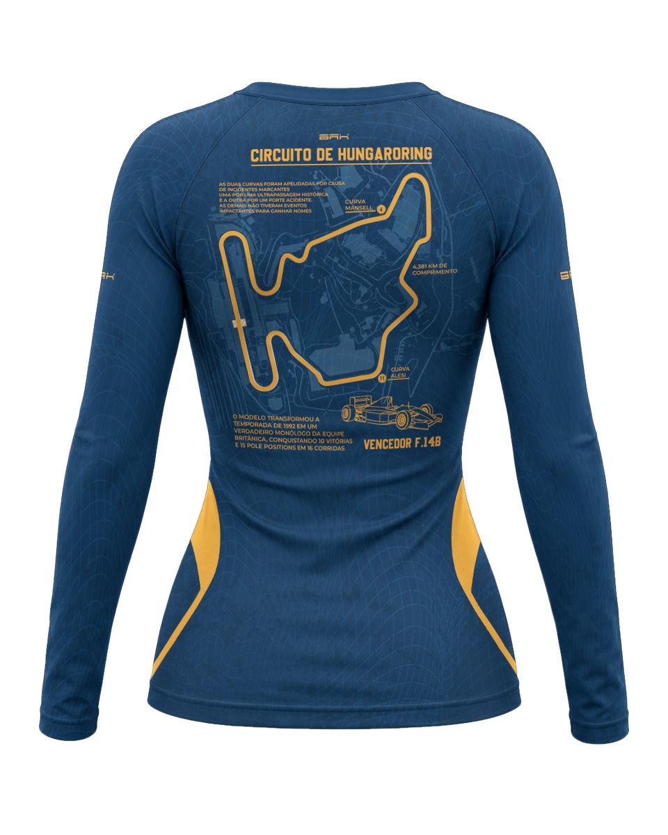 Camisa Segunda Pele Feminina Brk Fórmula 1 Circuito de Hungaroring Willians FW14B Azul e Amarelo com UV50+