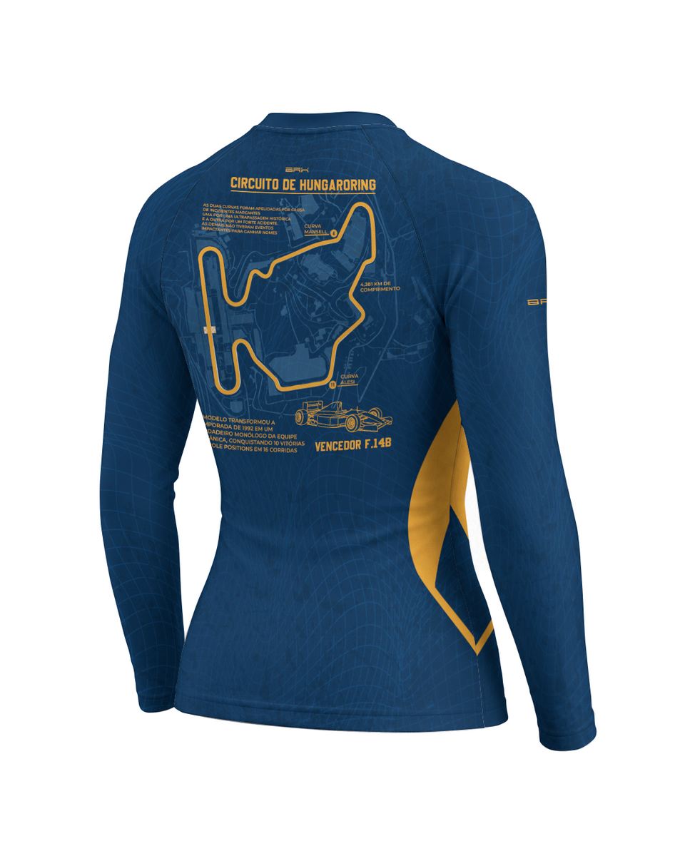 Camisa Segunda Pele Feminina Brk Fórmula 1 Circuito de Hungaroring Willians FW14B Azul e Amarelo com UV50+