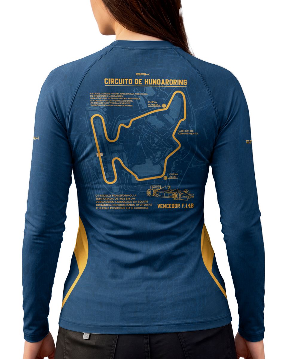 Camisa Segunda Pele Feminina Brk Fórmula 1 Circuito de Hungaroring Willians FW14B Azul e Amarelo com UV50+