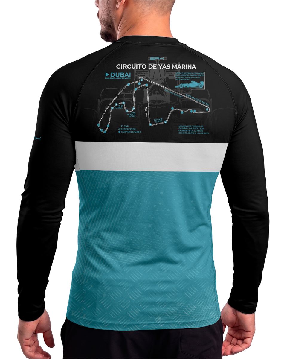 Camisa Segunda Pele Brk Fórmula 1 Circuito de Yas Marina Mercedes W07 Blue Legacy com UV50+