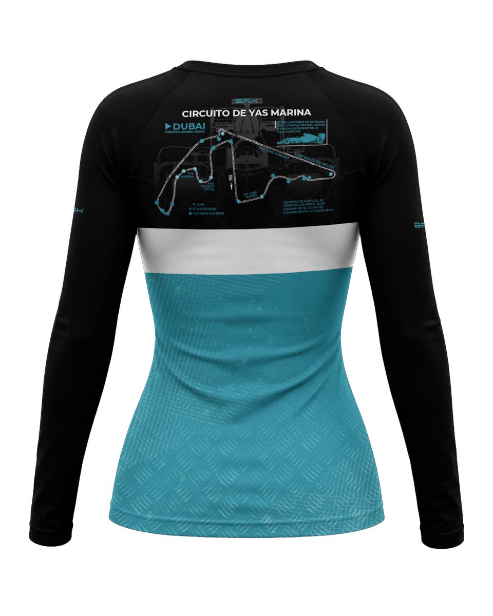 Camisa Segunda Pele Feminina Brk Fórmula 1 Circuito de Yas Marina Mercedes W07 Blue Legacy com UV50+