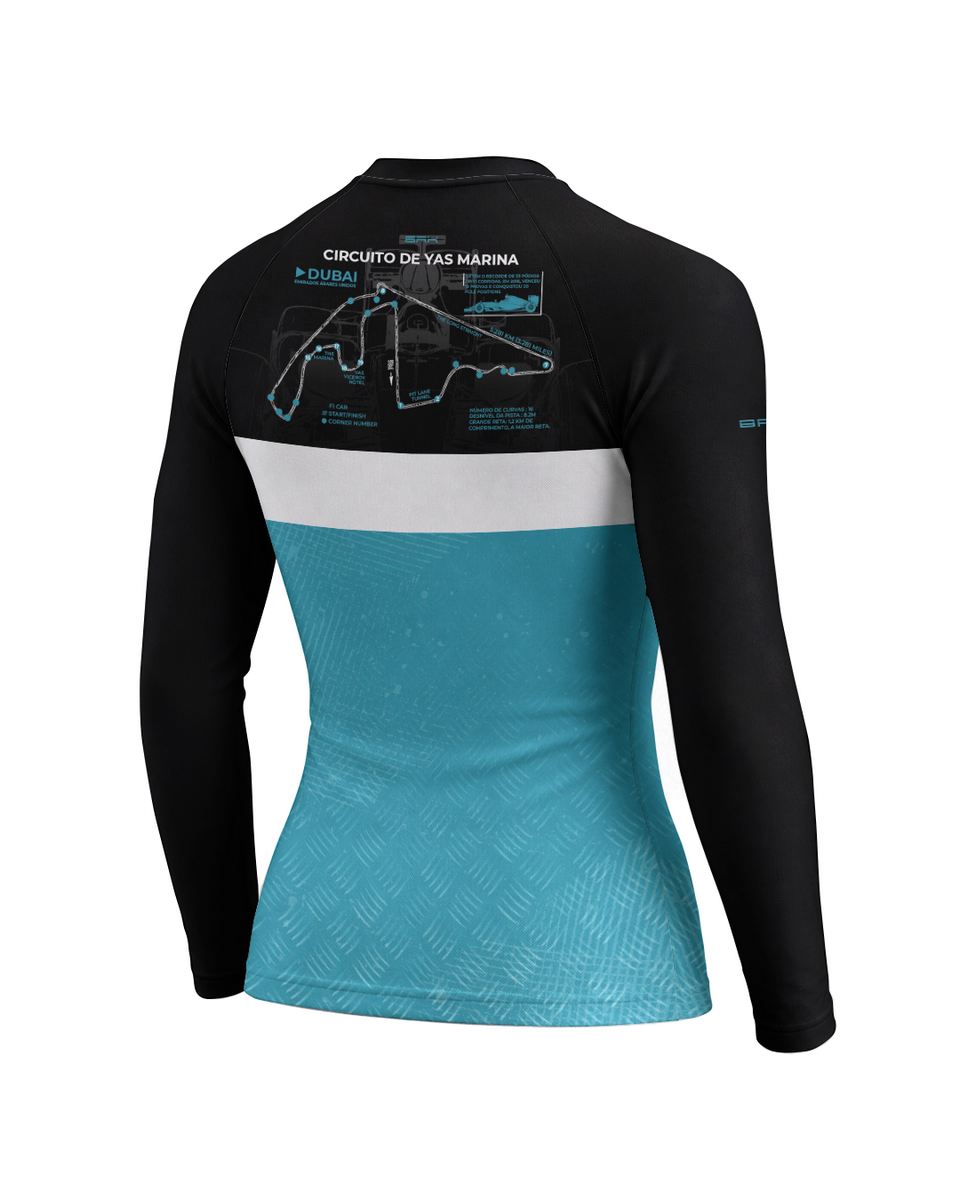Camisa Segunda Pele Feminina Brk Fórmula 1 Circuito de Yas Marina Mercedes W07 Blue Legacy com UV50+