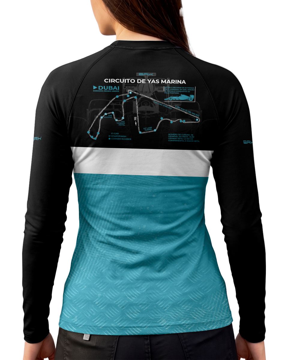 Camisa Segunda Pele Feminina Brk Fórmula 1 Circuito de Yas Marina Mercedes W07 Blue Legacy com UV50+