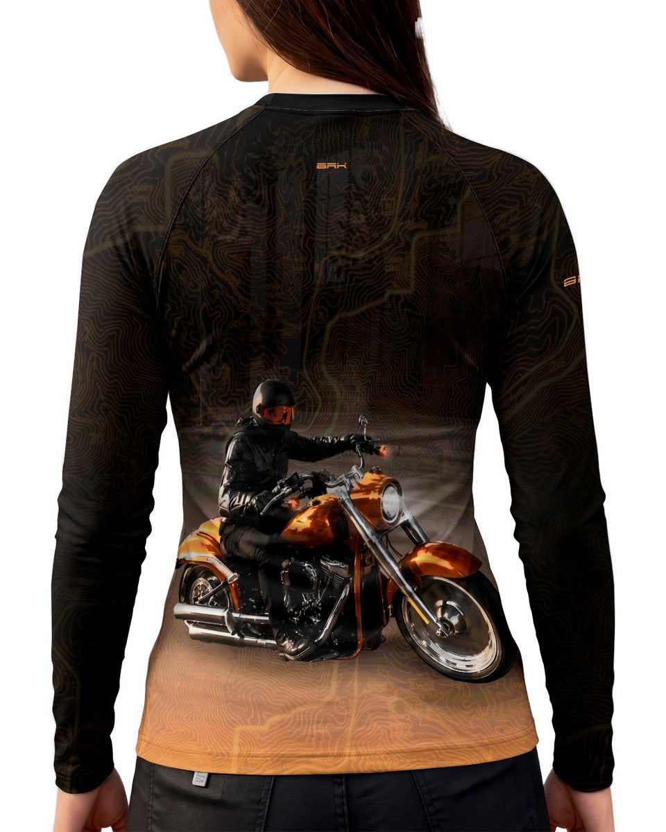 Camisa Segunda Pele Feminina Brk Custom Fat Boy Harley Laranja com UV50+