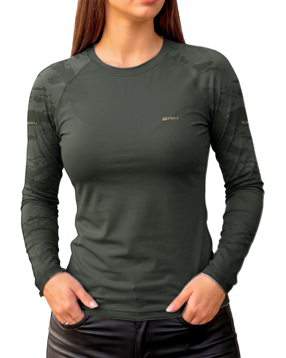 Camisa Segunda Pele Feminina Brk Classic 350 Camu Verde Militar Clean com UV50+