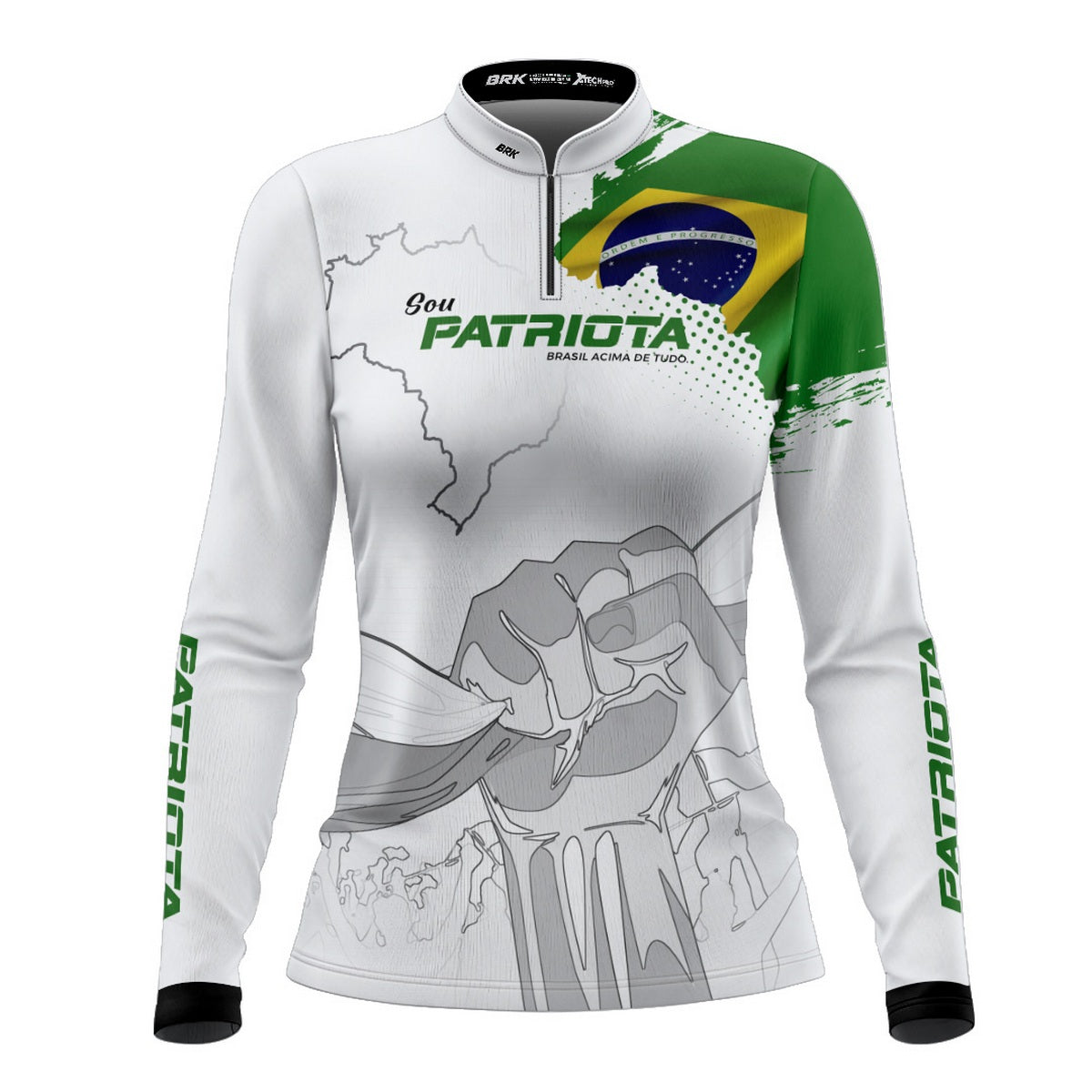 Camisa Agro Feminina Brk Básica Patriota Bandeira do Brasil Branca com Proteção UV50+
