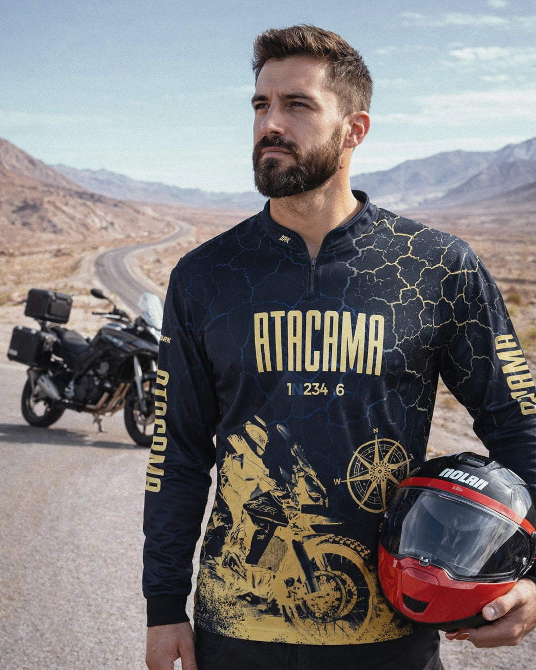 Camisa de Motociclismo Brk Atacama Chile Azul e Dourado com Proteção Solar UV50+