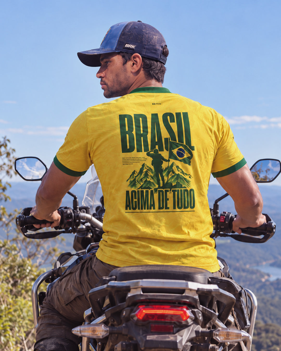 Camiseta Brasil Acima de Todos Amarelo e Verde com Proteção UV50