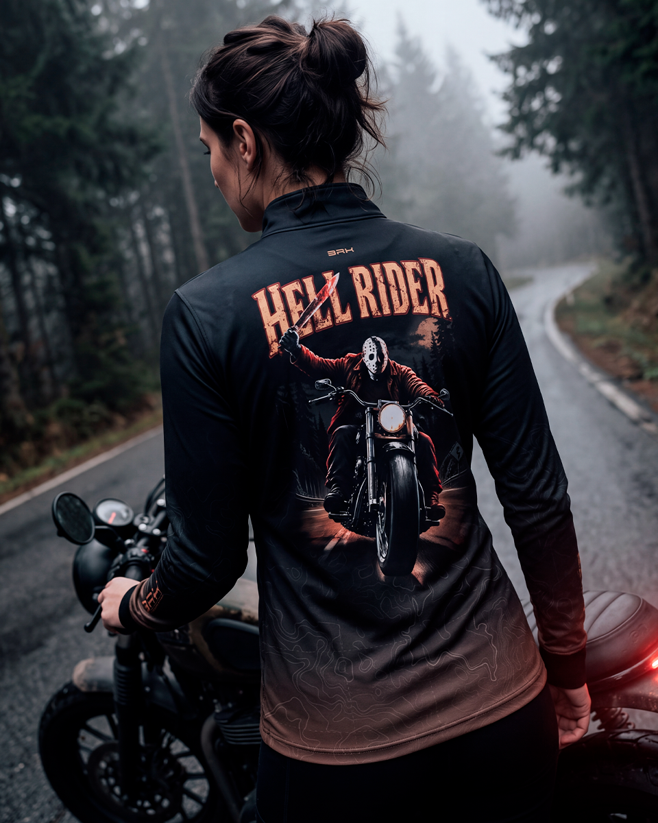 Camisa Halloween Feminina Hell Rider Black and Orange com Proteção UV50+
