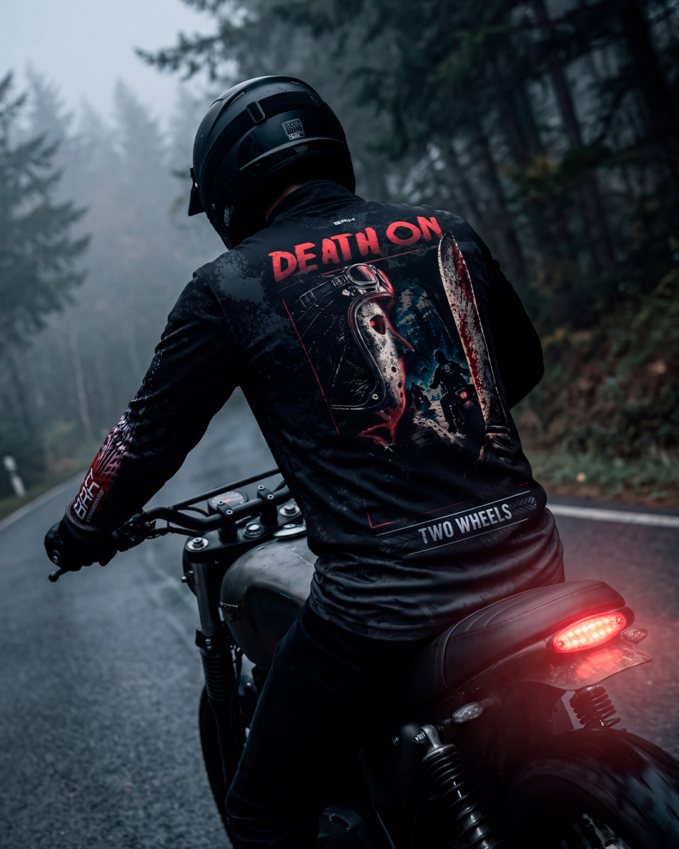 Camisa Halloween Death On Two Wheels Black and Blood com Proteção UV50+