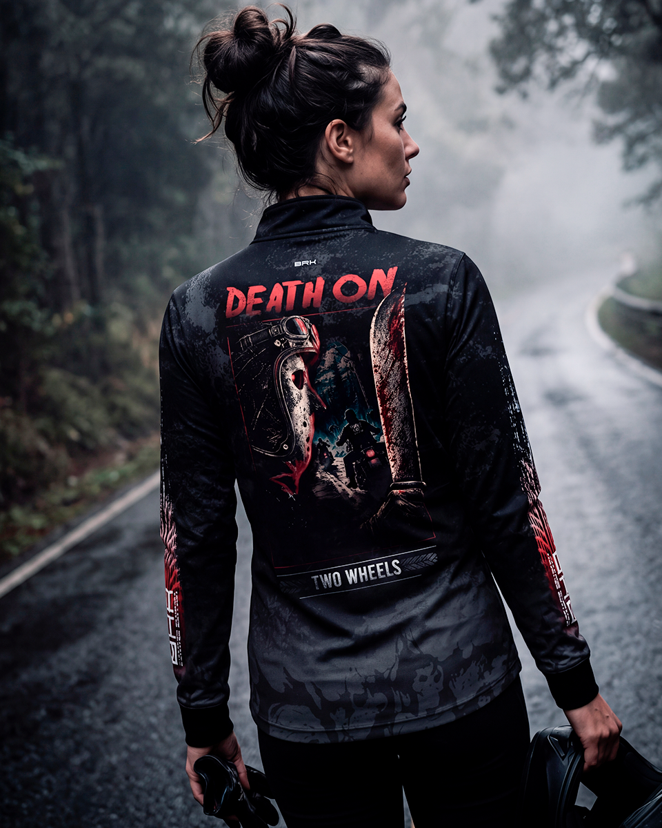 Camisa Halloween Feminina Death On Two Wheels Black and Blood com Proteção UV50+
