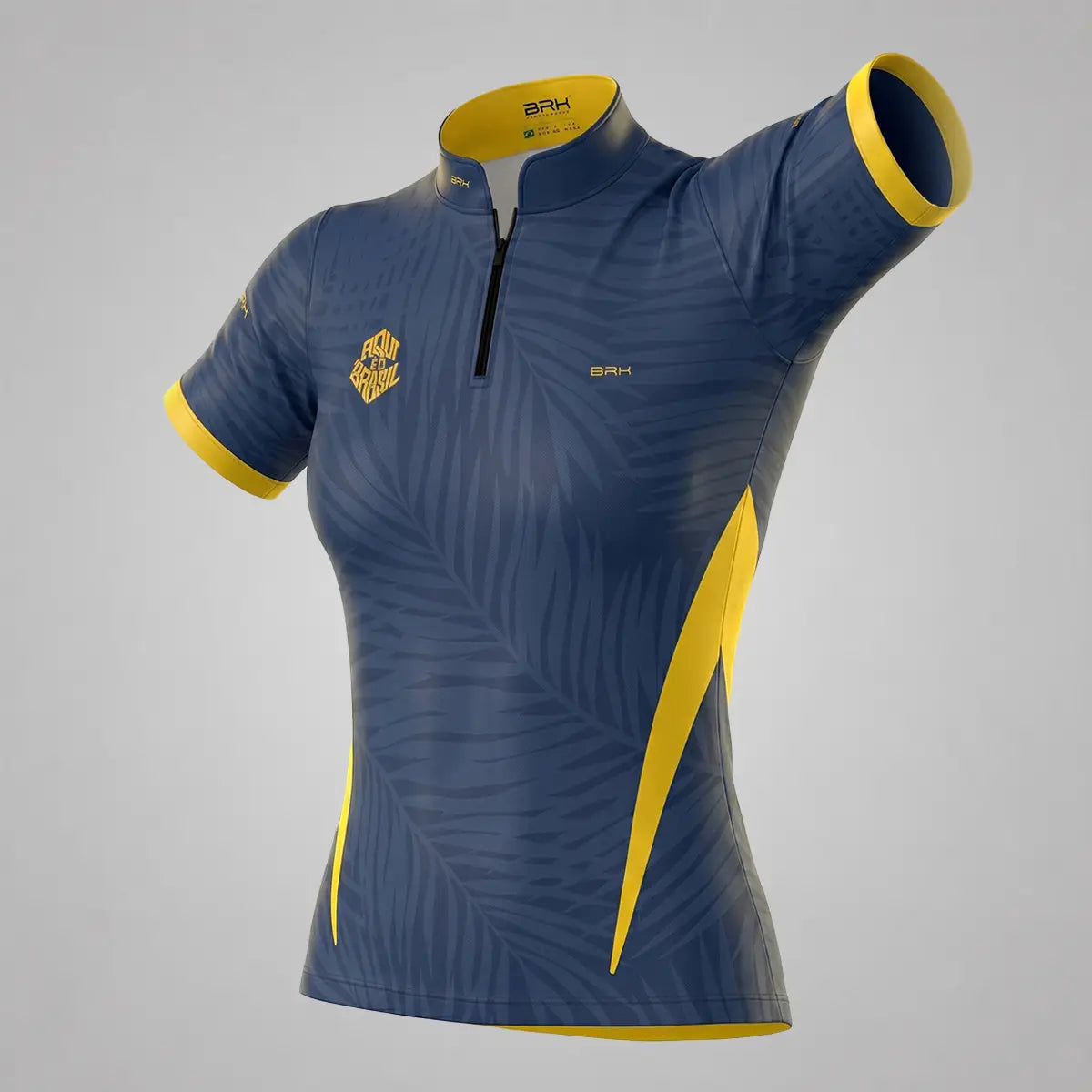 Camiseta Brk Feminina Aqui é o Brasil Tropical Azul Marinho com Proteção UV50