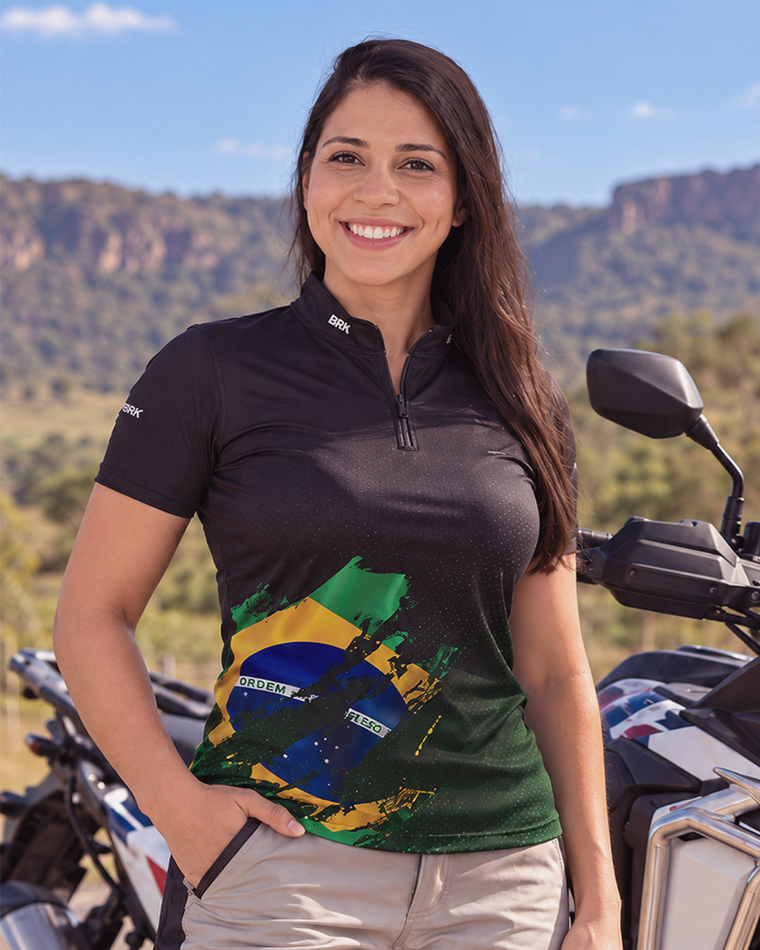 Camiseta Feminina Bandeira Brasil Lateral com Proteção Solar UV50+