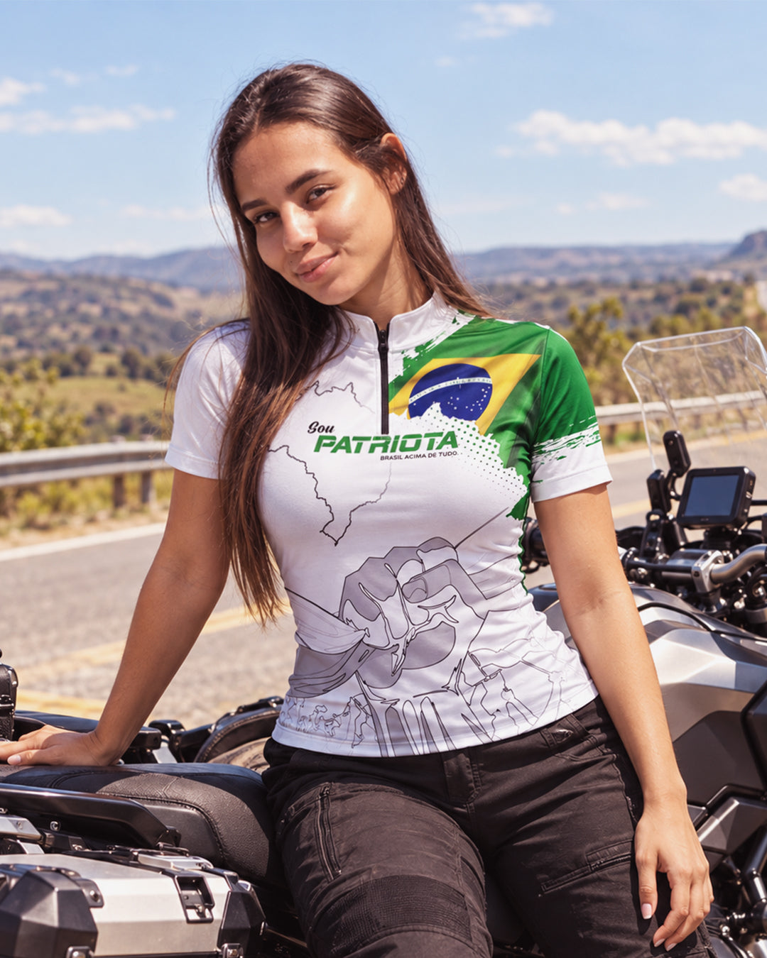Camiseta Feminina Básica Patriota Bandeira do Brasil Branca Proteção Solar UV50+