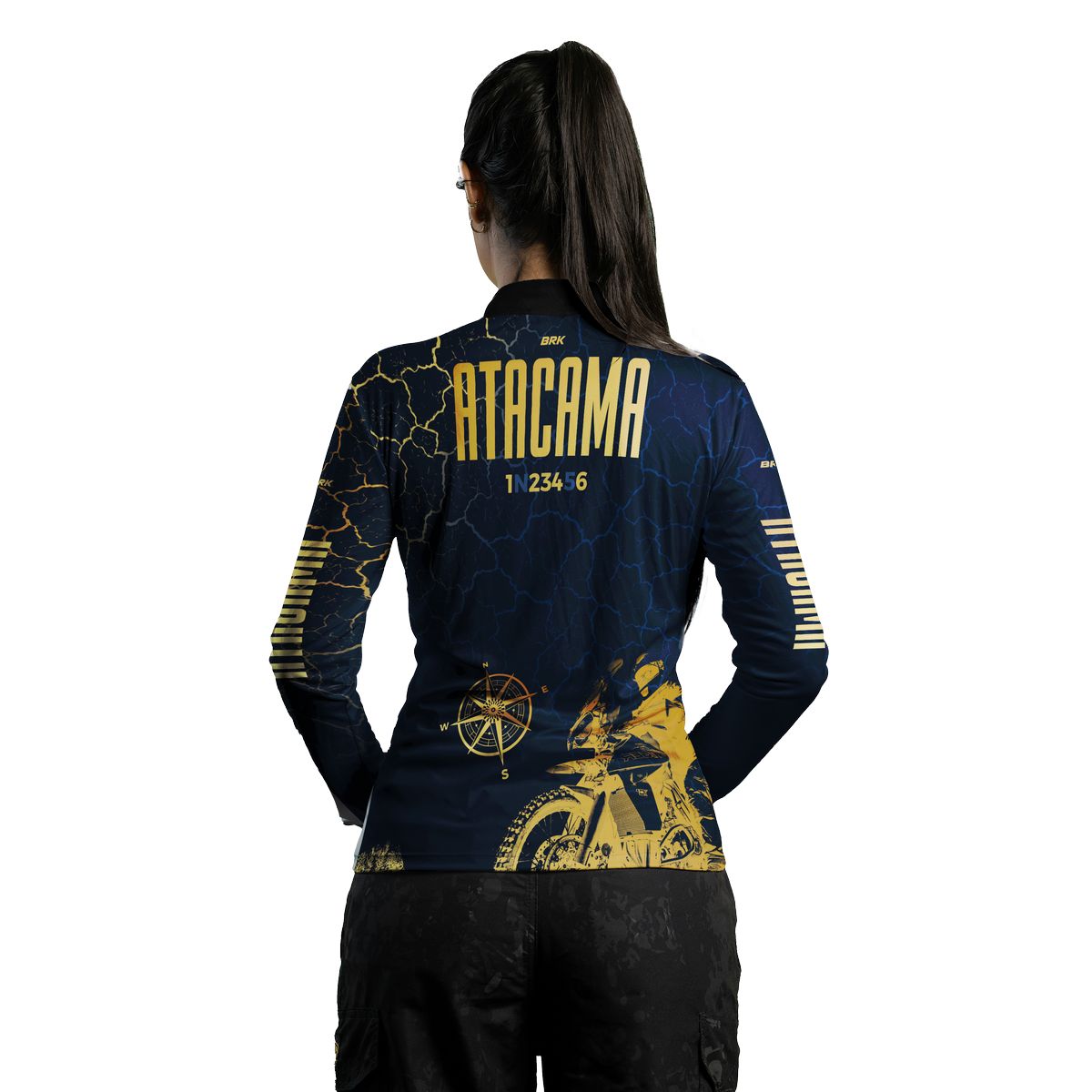 Camisa de Motociclismo Feminina Brk Atacama Chile Azul e Dourado com Proteção Solar UV50+