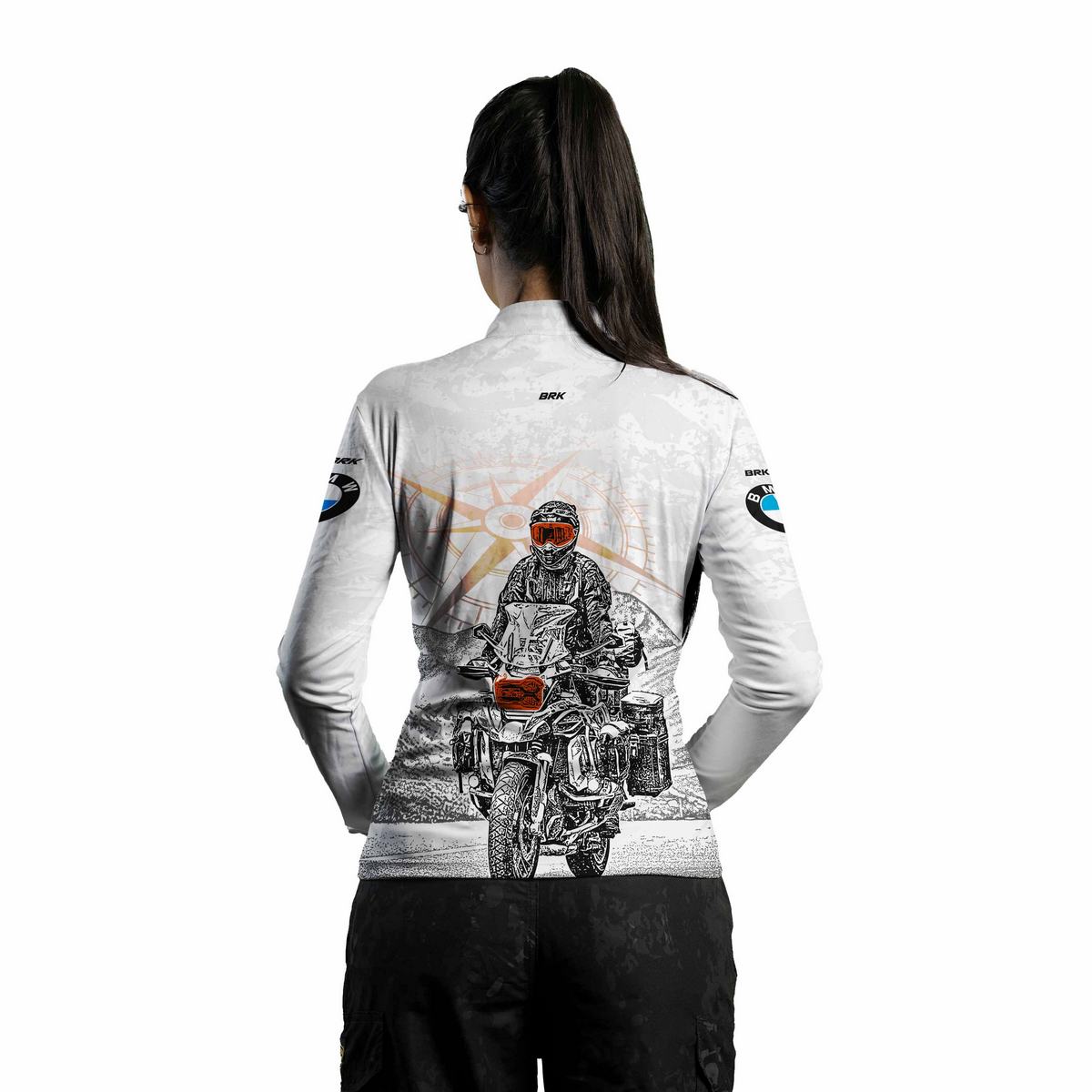Camisa de Motociclismo Feminina Brk BMW Branca Moto e Bússola com Proteção UV50+