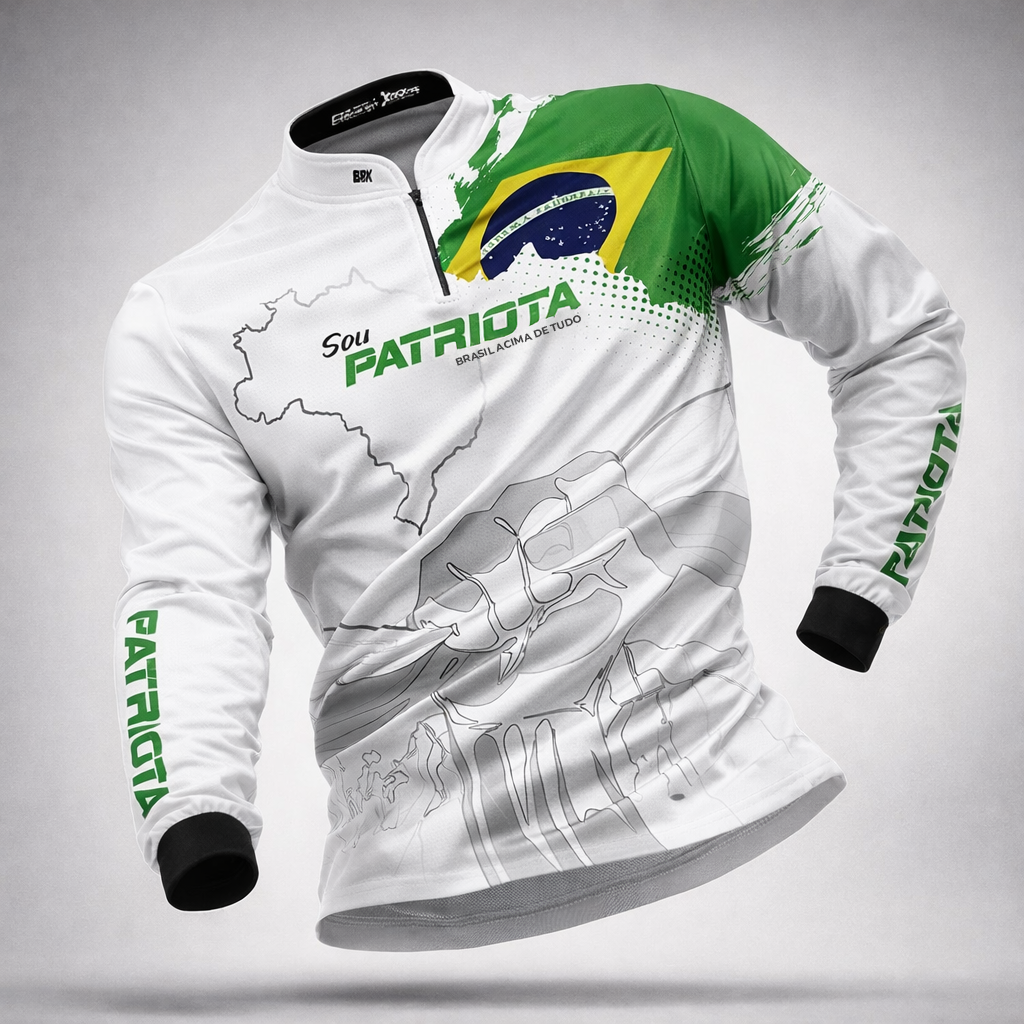 Camisa Básica Patriota Bandeira do Brasil Branca com Proteção UV50