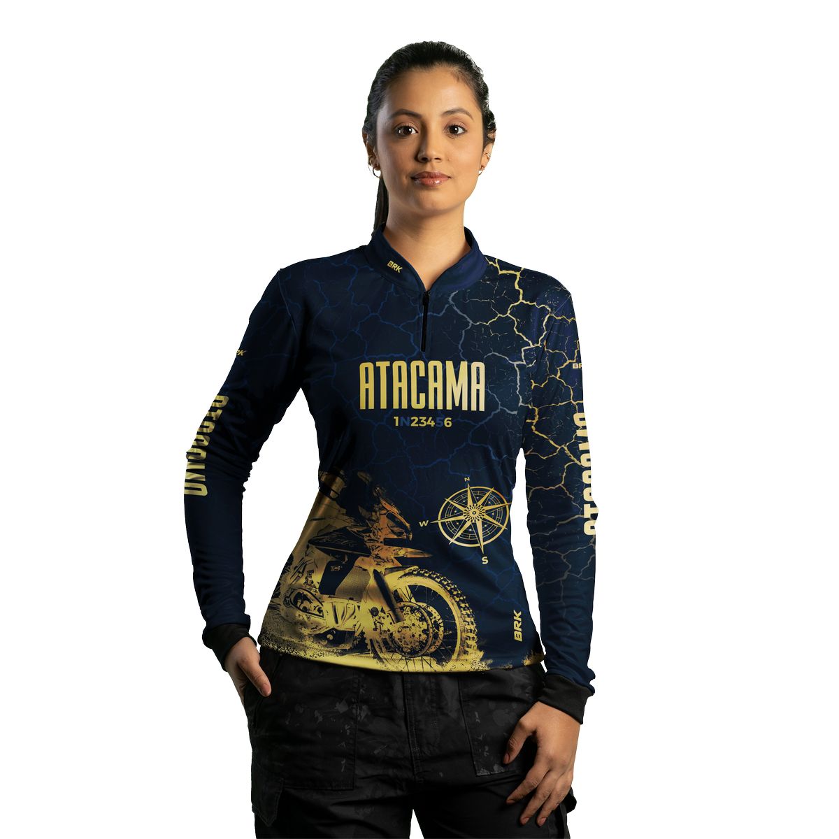 Camisa de Motociclismo Feminina Brk Atacama Chile Azul e Dourado com Proteção Solar UV50+