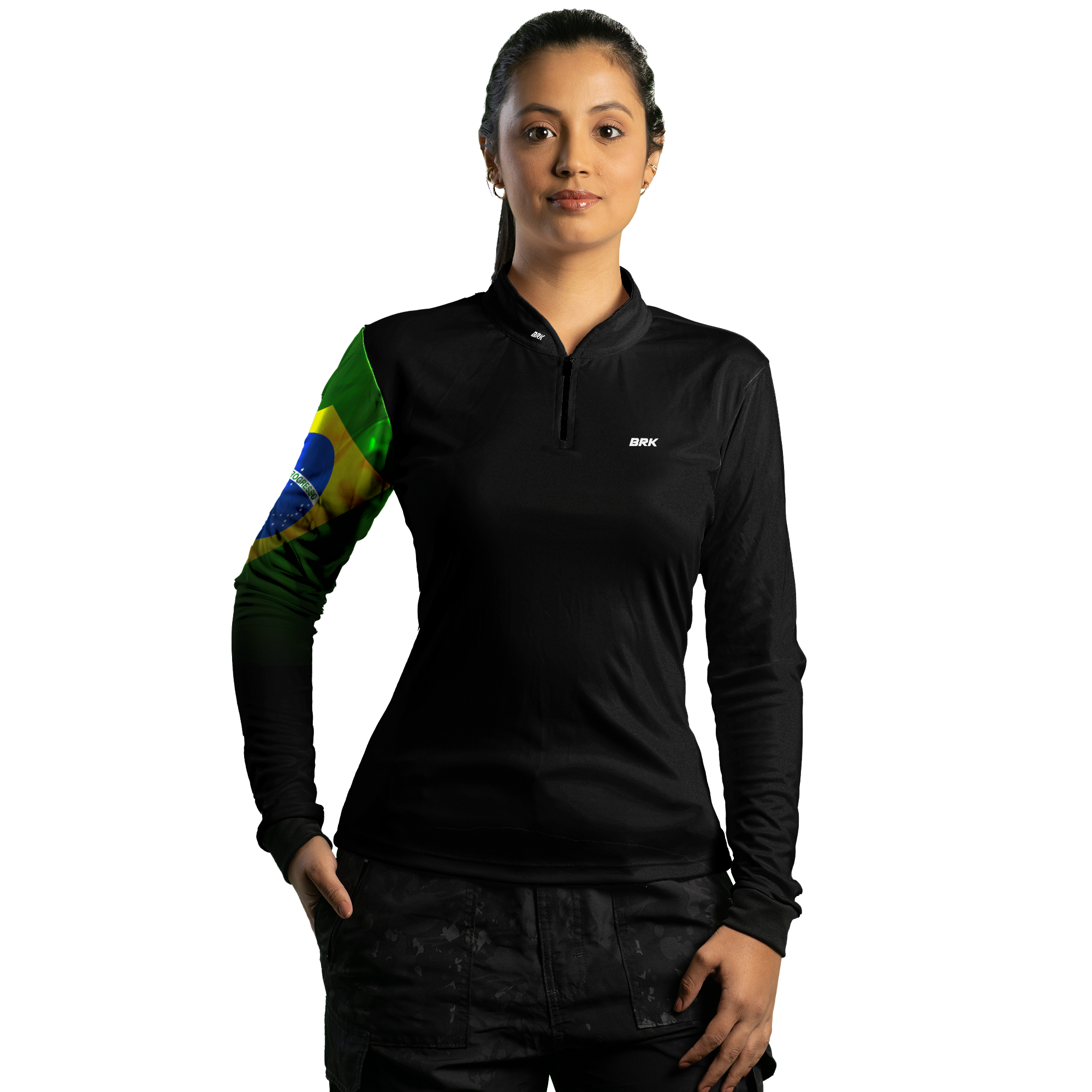 Kit Camisas de Casal com Proteção UV50 Preta Bandeira do Brasil