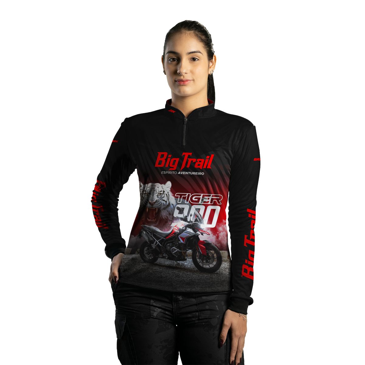 Camisa de Motociclismo Feminina Brk Tiger 900 Preta e Vermelha com Proteção Solar UV50+