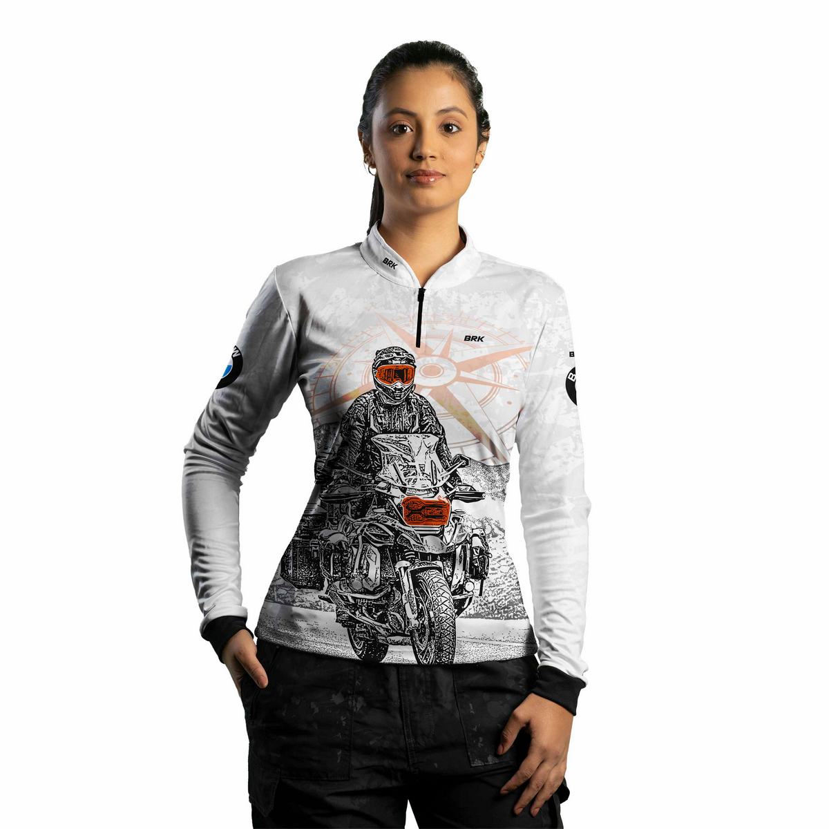 Camisa de Motociclismo Feminina Brk BMW Branca Moto e Bússola com Proteção UV50+