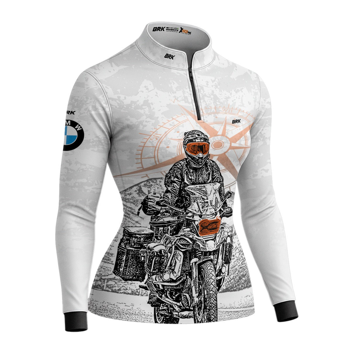 Camisa de Motociclismo Feminina Brk BMW Branca Moto e Bússola com Proteção UV50+