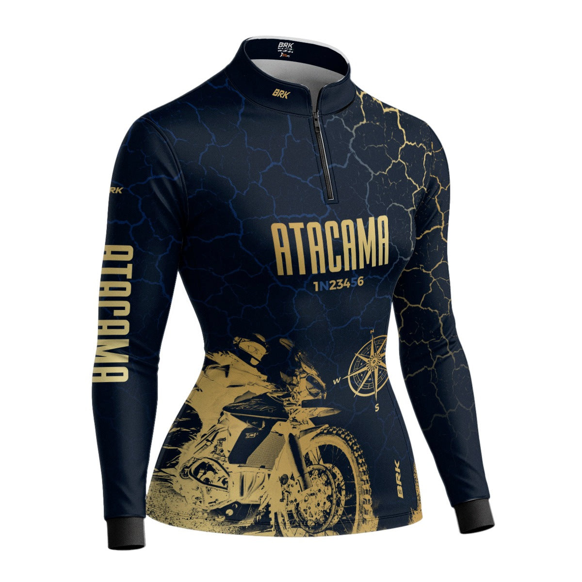 Camisa de Motociclismo Feminina Brk Atacama Chile Azul e Dourado com Proteção Solar UV50+