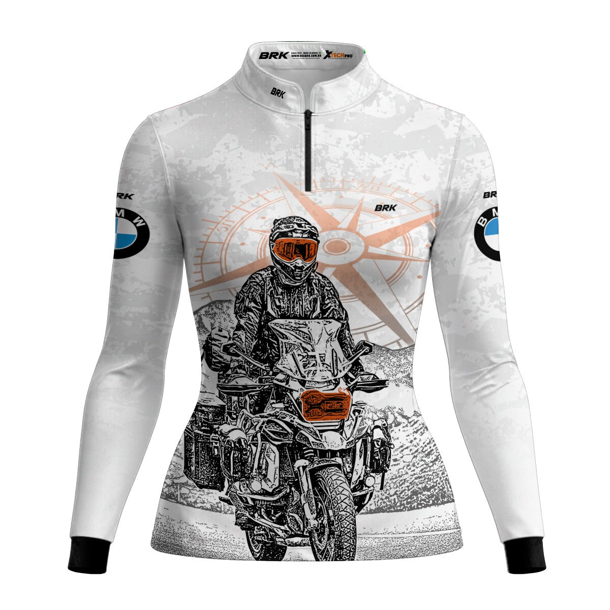 Camisa de Motociclismo Feminina Brk BMW Branca Moto e Bússola com Proteção UV50+