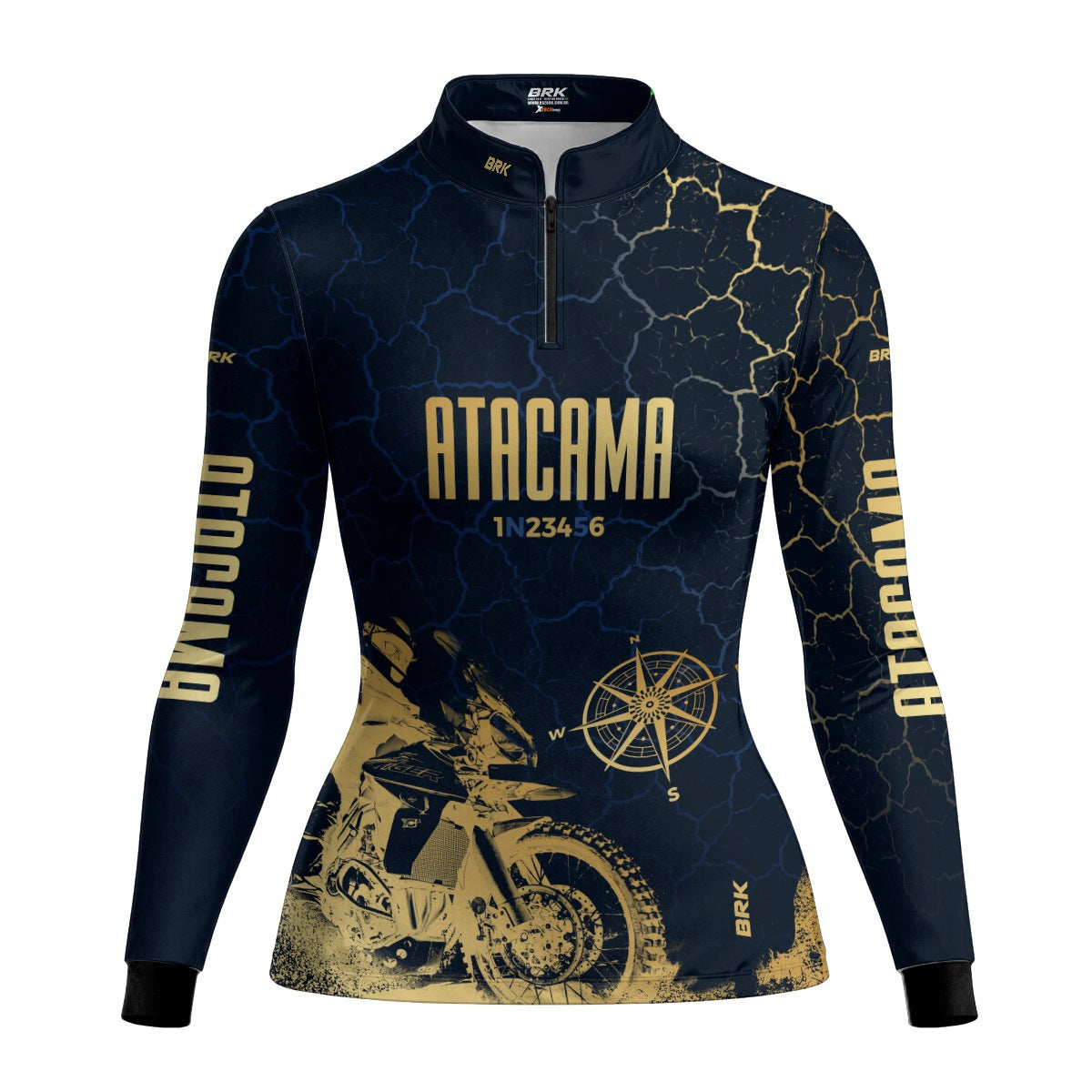 Camisa de Motociclismo Feminina Brk Atacama Chile Azul e Dourado com Proteção Solar UV50+