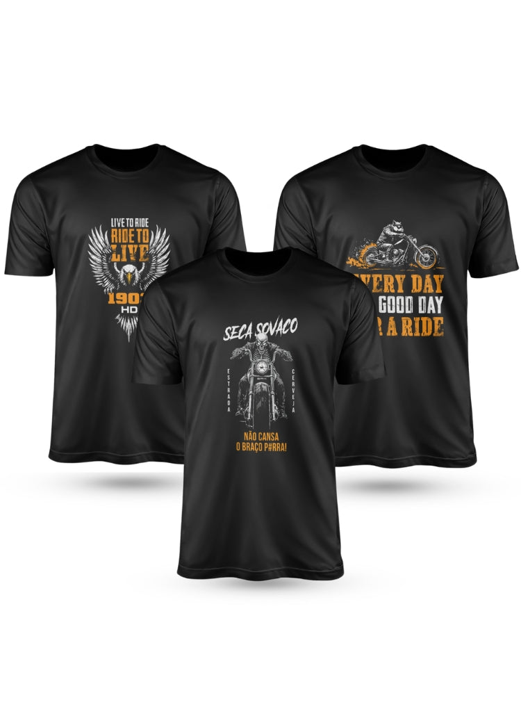 Kit 3 Camisas de Algodão Brk Motociclismo Lifestyle