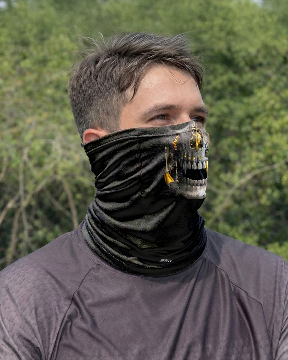 Bandana para Pescoço BRK Caveira Mecânica Detalhes Dourados com Proteção UV50+