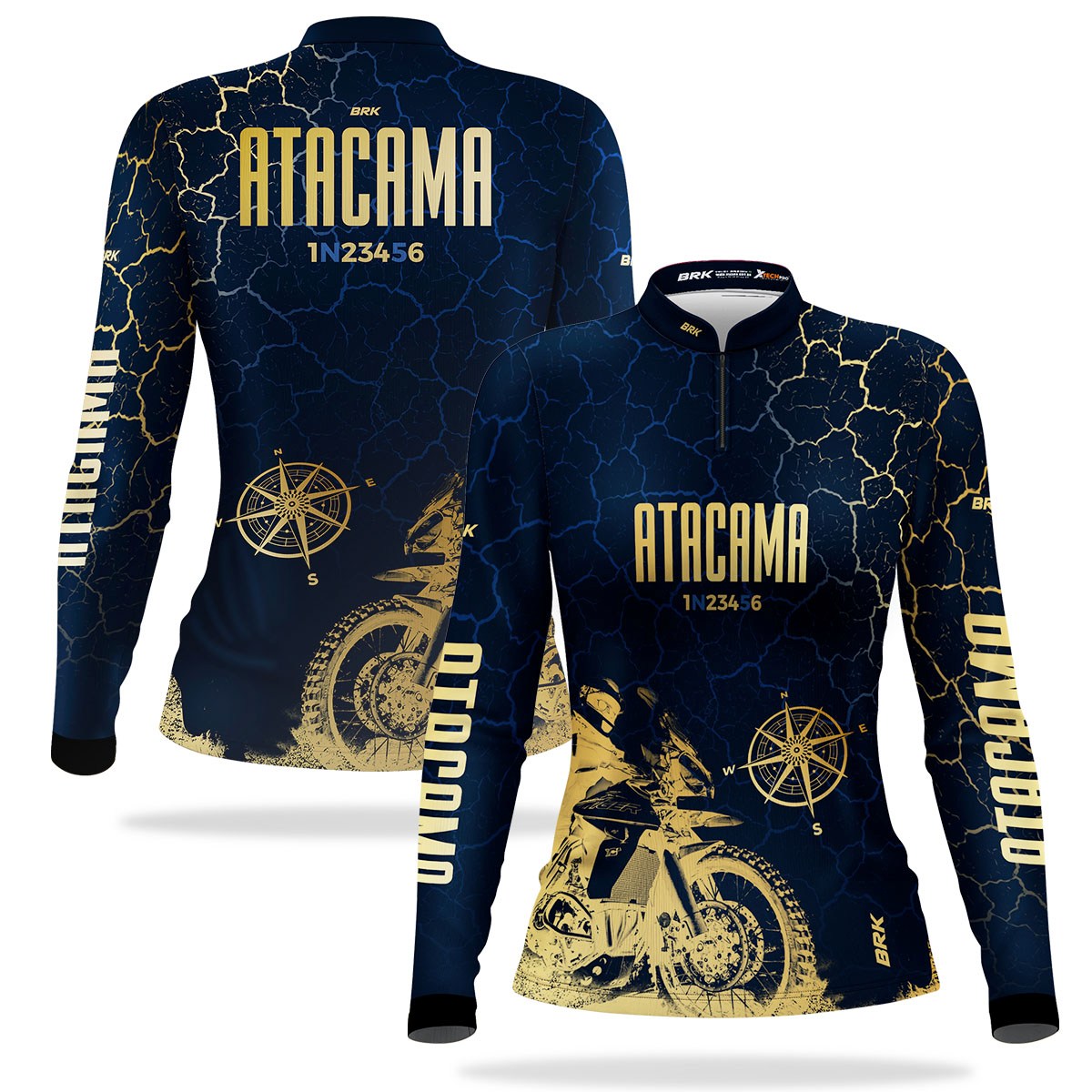 Camisa de Motociclismo Feminina Brk Atacama Chile Azul e Dourado com Proteção Solar UV50+
