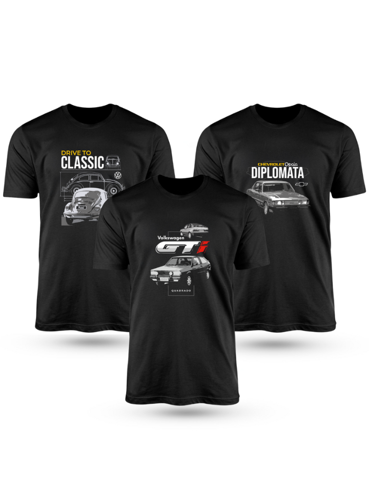 Kit Com 3 Camisetas de Algodão Coleção Carros Clássicos
