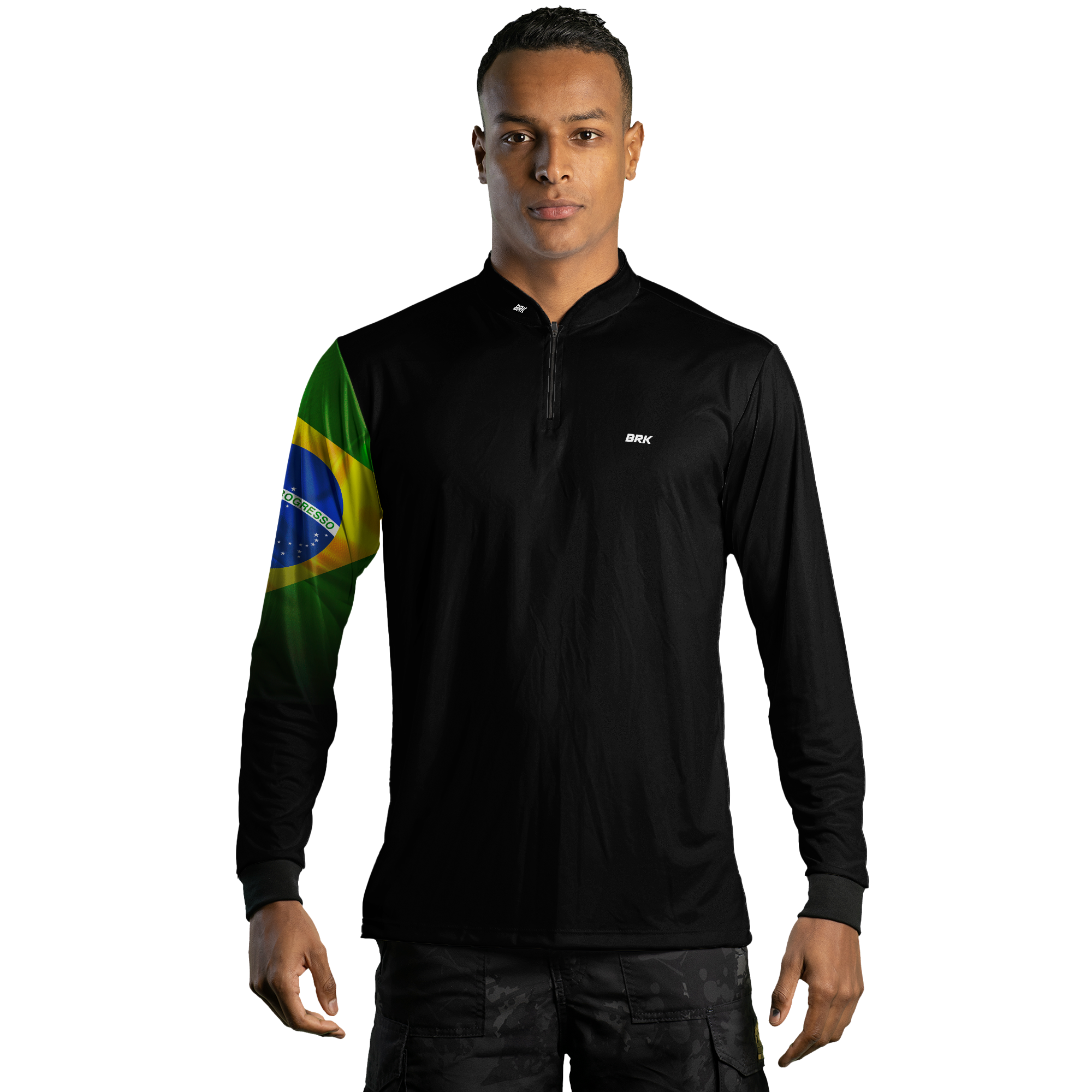 Kit Camisas de Casal com Proteção UV50 Preta Bandeira do Brasil